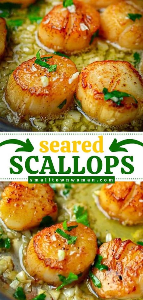 Whip up these pan-seared scallops! This sea scallop recipe is a simple dinner under 30 minutes. Complete with a lemon garlic butter sauce, this is the BEST way to cook scallops! Check out what to serve with them for a quick and easy meal! Easy Scallop Recipes, Mediterranean Seafood, Scallop Recipe, Seafood Scallops, Lemon Garlic Butter Sauce, Seafood Medley, How To Cook Scallops, Baked Scallops, Pan Seared Scallops