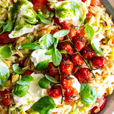 Warm orzo salad with roasted tomatoes, mozzarella and basil - Simply Delicious Warm Orzo Salad, Orzo Tomato, Yum Salad, Pasta Entrees, Orzo Dishes, Stomach Rumbling, Salad Appetizer Cups, Orzo Salad Recipes, Summertime Salads