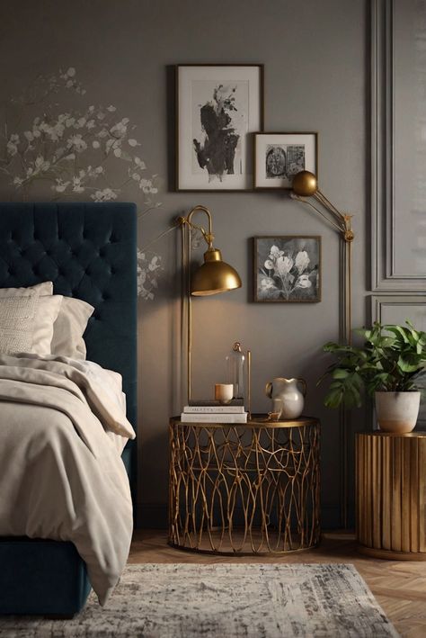 nightstand decor, bedroom decor ideas, bedside table styling, bedroom interior design Gold And Gray Bedroom, Gold Accents Bedroom, Nightstand Decor Ideas, Grey And Gold Bedroom, Fall Furniture, Bedroom Ambiance, Neutral Fall Decor, Nightstand Decor, Trendy Decor