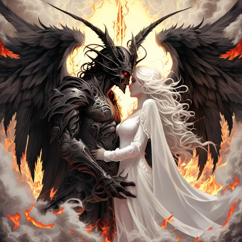 Angels And Demons Couple, Magical Tattoos, Demon Lover, Demon Aesthetic, Devil Angel, Direct Mail Postcards, Gold Design Background, Black And White Couples, Monster Boy