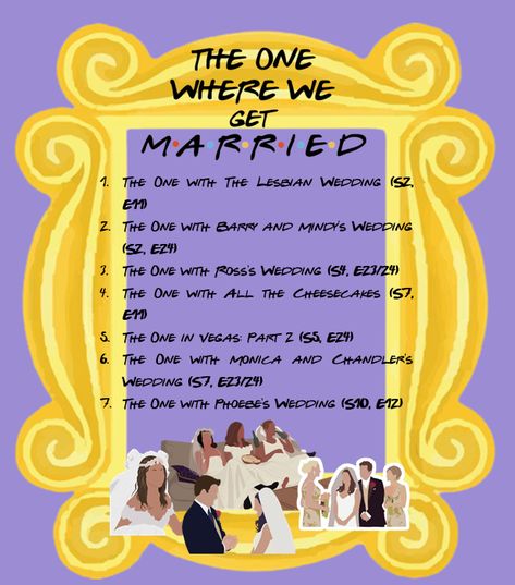 List of Friends TV wedding episodes to get you wedding ready! Friends Phoebe Wedding, Friends Tv Show Wedding, Monica And Chandler Wedding, Friends Tv Show Bachelorette Party, Friends Tv Bachelorette Party, Friends Themed Wedding, Wedding Phrases, Bridal Vibes, Tv Weddings