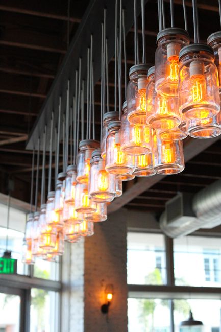 Throwback Thursday: Miami - Table for Two  Mason Jar 2 Light Fixture Primitive Industrial Rustic Bathroom Vanity Lighting  barnwood barn wood shabby chic Outdoor Bar Area, Mason Jar Lights, Jar Chandelier, Mason Jar Chandelier, Restaurant Lighting, Deco Originale, Shabby Chic Bathroom, Deco Luminaire, Mason Jar Lighting