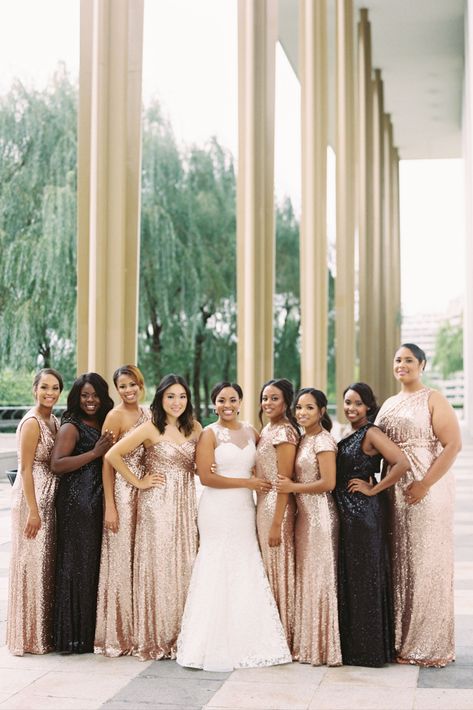 Black Sequin Bridesmaid Dress, Bridesmaid Dresses Revelry, Gold Sequin Bridesmaid Dresses, Gold Sequin Bridesmaid Dress, Bridal Party Groomsmen, Old Hollywood Wedding, One Shoulder Bridesmaid Dresses, One Shoulder Bridesmaid, Sequin Bridesmaid