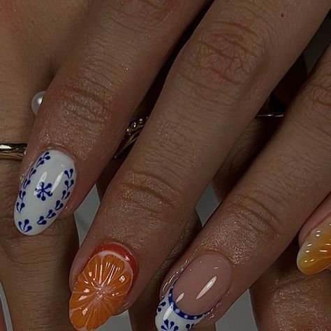 GEL NAILS | UÑAS BARCELONA ⋆｡˚ ✿ on Instagram: "citrus x mediterranean tiles in @mariona.roma 🍊✨🤍🔷 recreated @amys.clients  ♡  ♡  ♡  ♡  ♡  ♡  ♡  #nailart #nailsofinstagram #gelnails #barcelona #nails2inspire #summernails #3dnailart #orange #nails4today #nailsnailsnails #nailsaddict #summer #nailartist #unglesbarcelona" Barcelona Inspired Nails, Orange Citrus Nails, Italy Inspired Nails, Spanish Tile Nails, Barcelona Nails, Med Nails, Mediterranean Nails, Italian Nails, Orange Gel Nails