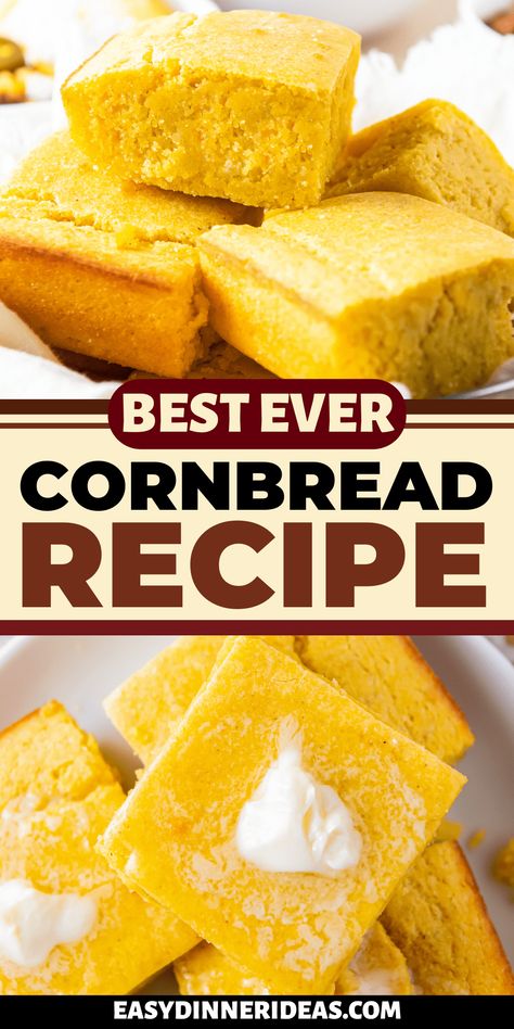 This Classic Cornbread recipe is the perfect side dish for chili, soup, or any barbecue dish. It's also a great snack! This easy quick bread is made with pantry staples and is ready in 30 minutes. Cornbread For Chili, Bread Sides, Classic Cornbread, Easy Quick Bread, Easy Cornbread Recipe, Cornbread Recipe Sweet, Food Dinners, Old Fashioned Recipe, Cornbread Easy