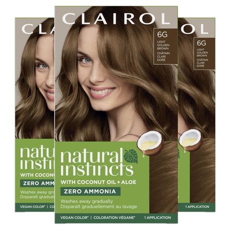 PRICES MAY VARY. Enhance your look with rich, radiant color and glossy, gotta-have-it shine! It’s a zero ammonia formula with Coconut Oil + Aloe, that conditions your hair leaving it smooth and radiant. This Vegan* formula gives you no commitment gentle color that blurs visible grays and washes away gradually One hair color application kit: Color cream Formula, Activator, Brilliant Shine Conditioner, gloves & intructions leaflet Available in 37 shades of blonde, brown, black and red 3 EASY STEPS Light Golden Brown Hair Color, Light Golden Brown Hair, Clairol Natural, Clairol Natural Instincts, Golden Brown Hair Color, Golden Brown Hair, Demi Permanent, Light Golden Brown, Semi Permanente