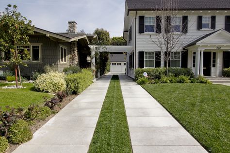 New driveway with mow strip, original pergola Driveway Pergola, Driveway Strip, Car Ports, Attached Pergola, Pergola Carport, Large Driveway, Cheap Pergola, Driveway Landscaping, Carport Designs