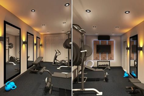 Top 10 Home Gym Design Ideas & Tips to Amp Up your Workout | Decorilla Narrow Home Gym, Basement Luxury, Garage Gym Design, Home Gym Design Luxury, Home Gym Design Ideas, Gym Design Ideas, Gym Basement, Home Gym Basement, Gym Design Interior