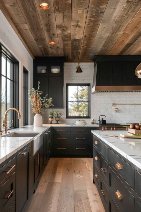 Black kitchen cabinets make a bold statement, adding drama and elegance to your space. Click here for inspiration. Black Beadboard Cabinets, Dark Kitchen Gold Hardware, White Backsplash Kitchen Black Cabinets, Butchers Block Countertop Black Cabinets, Black Cabinets Granite Countertops, Black Cabinets Wood Floors, Kitchen With Butchers Block, Modern Cabin Kitchen Cabinets, Dark Cabinets With Marble Countertops