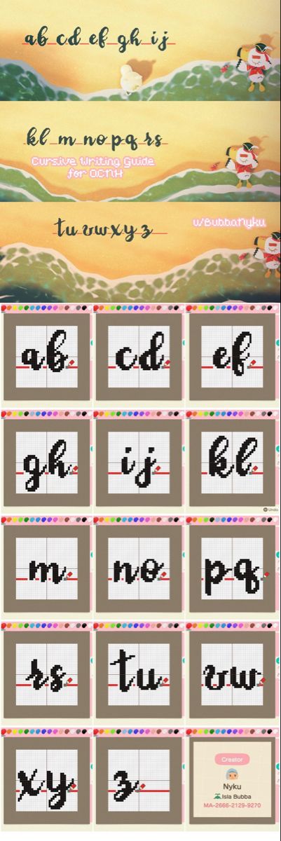 Acnh Alphabet Design Code, Acnh Diy, Cozy Crafts, Acnh Design, Acnh Ideas, Acnh Inspo, Pixel Design, Cursive Letters, New Animal Crossing