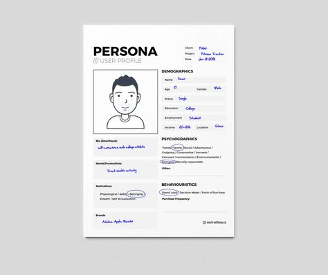 User Persona Design, User Persona Design Templates, User Persona Template, Persona Ux, Persona Template, Persona Design, Personas Design, Mark Anthony, Health Activities