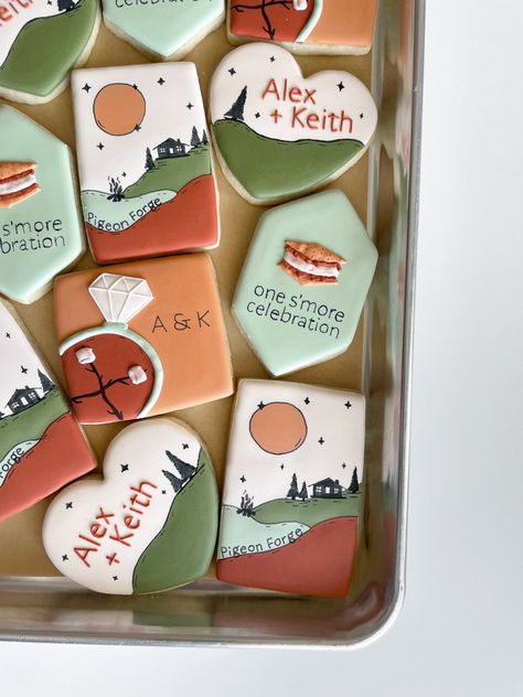 Bachelorette Smores, Hiking Bachelorette Party Ideas, Camp Bachelorette Cookies, Last Trail Before The Veil Cookies, Camping Bridal Shower Theme, Bachelorette Cookies Decorated, Camp Bride Bachelorette Parties, Bachelorette Party Themes Mountains, Bach Cookies