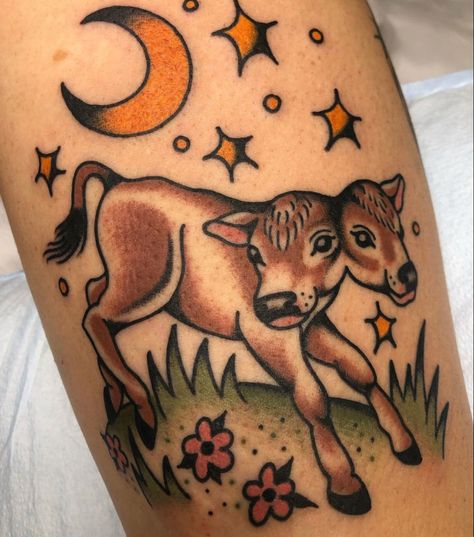 Nature American Traditional Tattoo, American Traditional Tattoos Animal, American Traditional Nature Tattoo, American Traditional Animals, Traditional Cow Tattoo, Traditional Star Tattoo, 2 Headed Calf Tattoo, Traditional Tattoo Nature, Hand Tattoos Skull