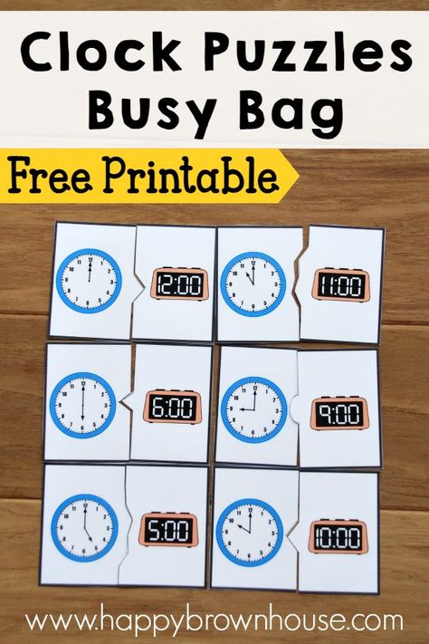 Free Printable Clock Puzzles for a busy bag or a game for kids learning how to tell time. The puzzles are self-correcting and kids will match analog and digital clocks. Telling Time Activities, Quiet Games, Learn To Tell Time, Free Games For Kids, Quiet Time Activities, Teaching Time, Brown House, Clock For Kids, Math Time