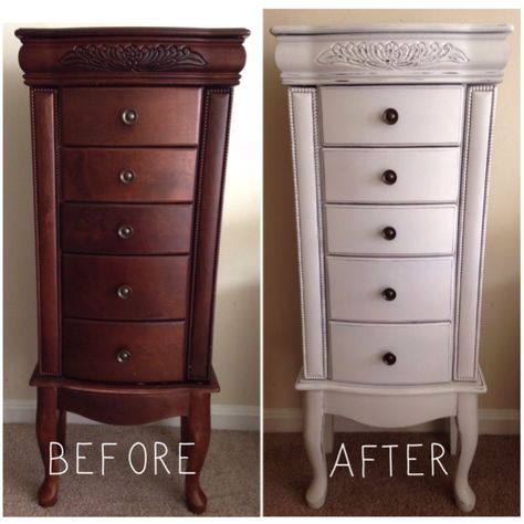 Painted Tall Jewelry Boxes, Painting Jewelry Armoire, Jewelry Stand Makeover, Diy Jewelry Armoire Ideas, Paint A Jewelry Armoire, Jewelry Armoire Makeover Ideas, Jewelry Dresser Makeover, Repainted Jewelry Armoire, Stand Up Jewelry Box Makeover