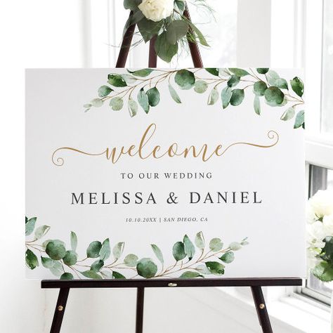 Elegant Eucalyptus Greenery Gold Wedding Welcome Summer Craft - spring summer fall winter, modern elegant simple, rustic watercolor foliage, sage green gold gray, wedding welcome sign, watercolor eucalyptus leaves, botanical garden theme, welcome sign horizontal, wedding outdoor signs, greenery wedding sign Nature Wreath, Greenery Gold Wedding, Gardening Greenhouse, Wedding Signs Welcome, Wedding Foam Board, Wedding Welcome Table, Watercolor Foliage, Rustic Watercolor, Reception Sign