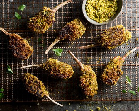 Pistachio Crusted Lamb, Crusted Lamb Chops, Lamp Chops, Pistachio Bread, Lamb Lollipops, Lamb Rack, Crusted Rack Of Lamb, Lollipop Recipe, Parsley Leaves