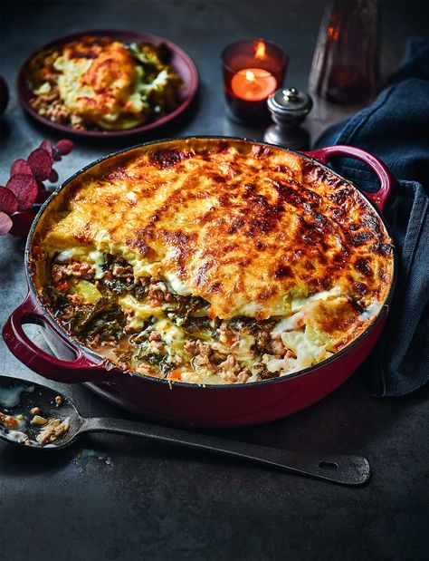 A rich, indulgent meal perfect for cosy family gatherings around the kitchen table Savoury Minced Meat, Mince Lamb Recipes, Potato Lasagne, Casserole Dish Cosy, Cozy Cook Shepherds Pie, Jamie Oliver £1 Meals, Mains Recipes, Lasagne Sheets, Lasagne Recipes