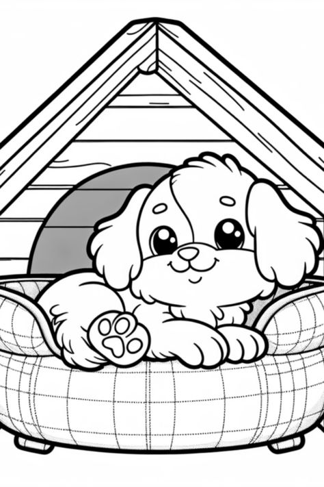 Fall in love with this adorable puppy coloring page where a cute pup is lounging blissfully in its warm doghouse bed. Join the coloring fun and create your own cozy masterpiece today. Perfect activity for kids and dog lovers! Cute Dog And Cat, Puppy Coloring Pages, Dog Coloring Page, Adorable Puppy, Valentines Printables Free, Puppy Play, Cute Little Puppies, Happy Puppy, Different Dogs