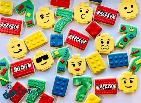 Lego Cookies Ideas, Lego Themed Cupcakes, Lego Themed Cookies, Lego Cookies Royal Icing, Lego Birthday Cookies, Lego Cookies Decorated, Lego Sugar Cookies, Lego Theme Birthday Party, Lego City Birthday