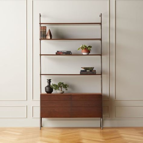 Jaxon Wood and Leather Bookcase Shire House, Midcentury Eclectic, Simple Shelves, Acrylic Bookcase, Push Latch, Modern Storage Furniture, Wide Bookcase, Low Dresser, White Storage Cabinets