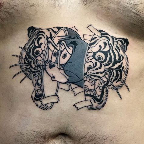 70% See u soon. Done at @freedom_inks . . . #100tigers #tigertattoo #flashtattoo #Tomandjerry #sketchtattoo #tattoodesign #vietnamtattoo… Tom Cat Tattoo, Stomach Tattoo Designs, Tom And Jerry Tattoo, Vietnamese Tattoo, Tummy Tattoo, Vietnam Tattoo, Stomach Tattoo, Russian Tattoo, Cartoon Tattoo