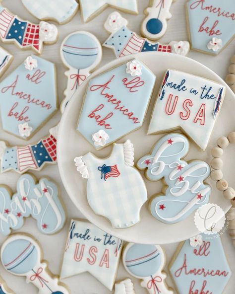 Red white and Due❤️🤍💙Such a fun theme to kick off Memorial Day weekend✨ Hope y’all have the best weekend celebrating our freedom and… Red White And Due, Patriotic Cookies, Gender Reveal Cookies, Patriotic Baby, All American Boy, July Baby, Shower Cookies, American Baby, Baby Q