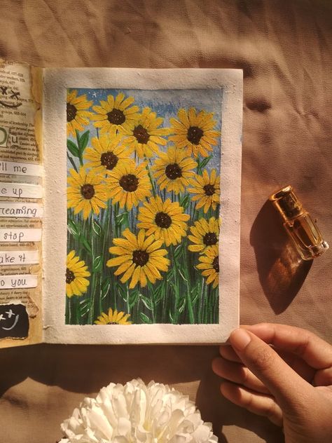 Sunflower Polaroid Painting, Sunflower Pastel Drawing, Mini Sunflower Painting, Sunflower Painting Simple, Sunflower Aesthetic Painting, Sunflower Oil Pastel, Sunflower Field Drawing, Sunflower Drawing Aesthetic, Painting Ideas Sunflowers