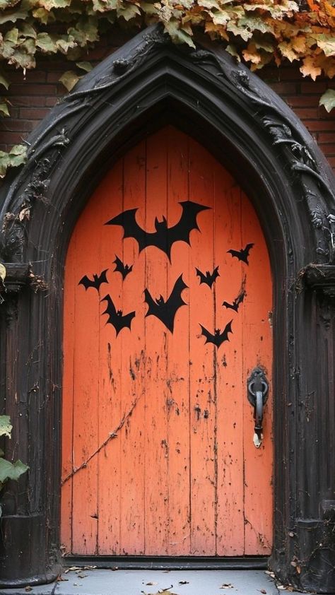 Halloween door decorations that'll make your house the talk of the neighborhood! Craft a spellbinding entrance with oversized spider webs, dangling plastic spiders, and fake moss. Add a witch's cauldron filled with candy for trick-or-treaters. Hang ghostly sheets and use blacklight for an otherworldly glow. Don't forget a chilling welcome sign to greet brave visitors who dare to approach! Witch Flying Into Door, Witch Crashing Into Door, Front Door Bats Halloween, Witch Silhouette Garage Door, Bats Front Door, Fake Moss, Witch's Cauldron, Halloween Door Decor, Witchs Cauldron