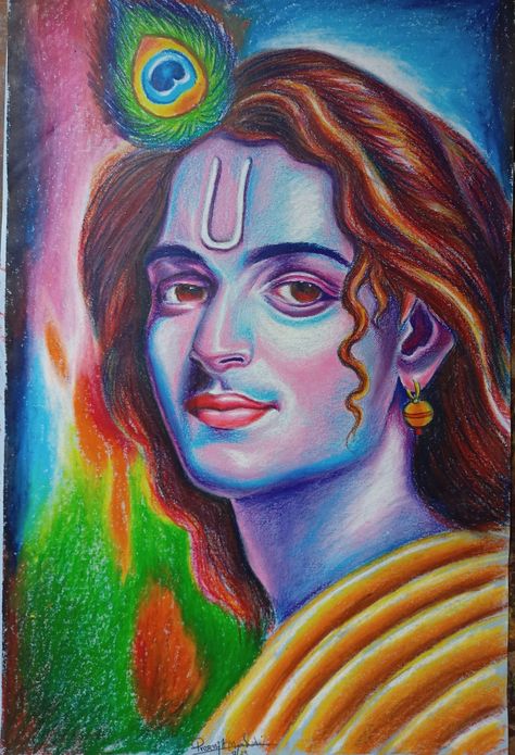 Krishna Ji Oil Pastel Drawing, Krishna Oil Pastels Drawing, Realistic Oil Pastel Drawings, Oil Pastel Colour Drawing, Oil Pastel Art Portrait, Oil Pastel Sketch, God Drawings, Oil Pastel Portrait, Easy Portrait Drawing