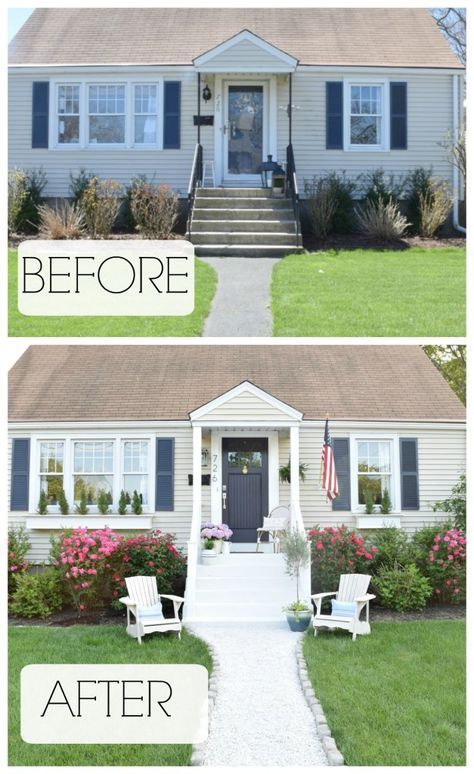 summer tour and exterior remodel and curb appeal Curb Appeal Easy, Front Porch Curb Appeal, Front Yards Curb Appeal, Diy Curb Appeal, Porch Remodel, Front Steps, Exterior Makeover, Diy Outdoor Decor, Exterior Remodel