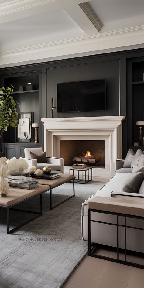 The living room showcases harmonious design elements, including diverse materials and textures. Formal Living Room Designs, Transitional Interior Design, Versatile Aesthetic, Living Room Design Decor, Home Fireplace, Living Room With Fireplace, Fireplace Design, New Living Room, Living Room Inspo