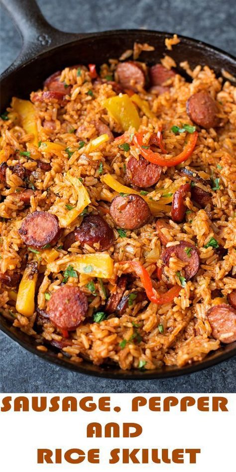 Smoky kielbasa sizzled with sweet bell pepper, onions and garlic in vibrant toma... #sausagerecipe Sausage Recipes Easy Sausage Recipes, Sausage And Rice, Smoked Sausage Recipes, Sausage Dinner, Crockpot Chicken And Dumplings, Resepi Biskut, Kielbasa Recipes, Rice Skillet, Easy Crockpot Chicken