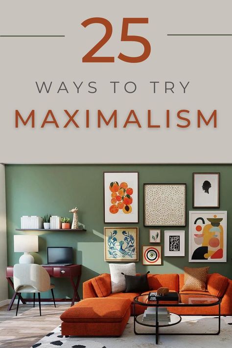 Have you heard about the latest trend in design called Maximalism? Check out these 25 designs to find the right inspiration for you! #home #homeinterior #interiordesign #designinspo #inspiration #max #maximalism #dreamhome #homeinspo Green And Orange Accent Living Room, Green Wall Furniture, Orange And Emerald Green Living Room, Artwork On Green Wall, Rust Couch Green Walls, Green Walls Orange Sofa, Green Walls Orange Accents, Rust Sectional Living Room, Orange Couch Green Walls