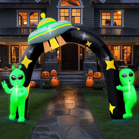 PRICES MAY VARY. 【8FT Alien Halloween Decoration】Our Halloween inflatable is going to take your festive yard decor to the next level! With a height of 8 ft and a width of approx. 10.6 ft, designed with green aliens and a UFO, this giant Halloween decoration is sure to add a spooky touch to your home. 【Lighted Halloween Inflatable Archway】Our blow up Halloween decoration comes with 6 LED lights built inside to light up your yard at night, making it easy to attract your family, neighbors, guests, Inflatable Halloween Decorations, Ufo Decorations, Alien Trunk Or Treat, Alien Halloween Decorations, Alien Party Decorations, Alien Decor, Halloween Photo Props, Haunted House Halloween Party, Alien Party