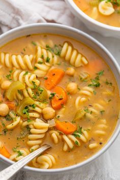 This Vegetarian Chickpea Noodle Soup is made with a few items and full of plant-based protein to keep you feeling full for hours - perfect even as a meal! | Healthy Soup | Chickpea Recipes | Easy Soup | #pasta #chickpeas #soup #healthyfood #feelgoodfoodie Soup Chickpea, Pasta Chickpeas, Chickpeas Soup, Chickpea Noodle Soup, Chickpea Noodle, Chickpea Recipes Easy, Soup Pasta, Vegetarian Soup Recipes, Easy Soup