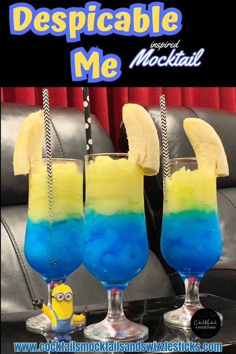 This image shows three hurricane glasses with blue bottom and yellow top slush with banana garnish and black and white paper straws with a small minion figure in front set in a home theather Banana Mocktail, Alcoholic Slush, Movie Night Dinner, Virgin Drinks, Fun Drink Recipe, Movie Night Food, Kid Friendly Drinks, Disney Drinks, The Minions