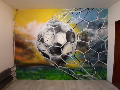 Sports Wall Painting Ideas For School, Soccer Painting Ideas On Canvas, Football Painting Ideas, Soccer Mural, Soccer Paintings, Football Mural, Soccer Artwork, 3d Art Painting, Sports Painting