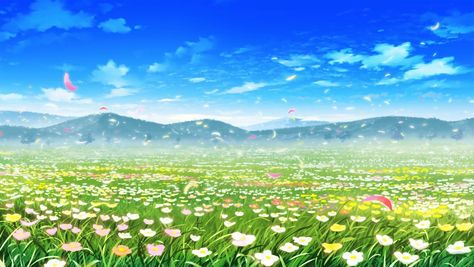 Background Anime, Flower Field, Blue Sky, Birds, Flowers, Anime, Blue