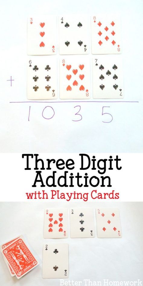 Feb 6, 2019 - Let your kids use a set of playing cards to practice Three Digit Addition. It's a fun way to practice that is Better Than Homework! Three Digit Addition, Math Card Games, Math Night, Elementary Learning, Math Games For Kids, Math Intervention, Math Strategies, Math Printables, Second Grade Math