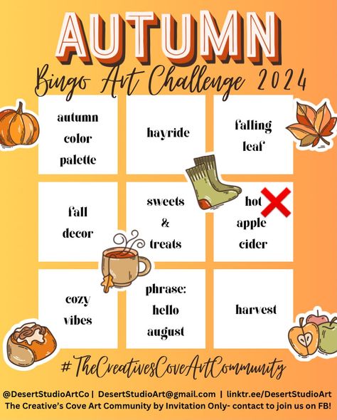 My 1st (Art) Bingo Square Complete! 🍎Hot Apple Cider🍎 Can you get a Bingo??? (3 in a row) 🖌️Beginners: One Bingo 🎨Advanced: 2 Bingo’s 🥋Master: Total Blackout #artbingo #autumn #august #artchallenge2024 #thecreativescove #thecreativescoveartcommunity #hotapplecider #autumnartchallenge #desertstudioartco Art Bingo, Brittany Lee, Art Bin, Apple Decorations, Hot Apple Cider, Fall Apples, Studio Art, Art Challenge, Community Art