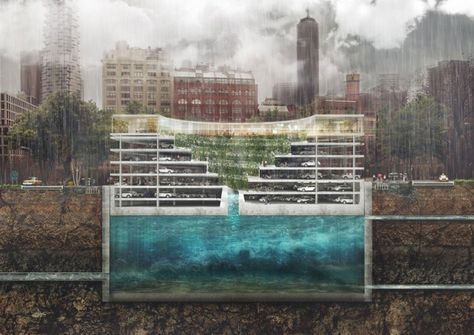 The project, called POP-UP, combines a large water reservoir with a parking garage that can move up and down as the reservoir fills and empties with water. Floating Car, Architectural Diagrams, Climate Adaptation, Danish Architecture, Car Parks, Water Reservoir, Organic Architecture, Future City, Garage Design