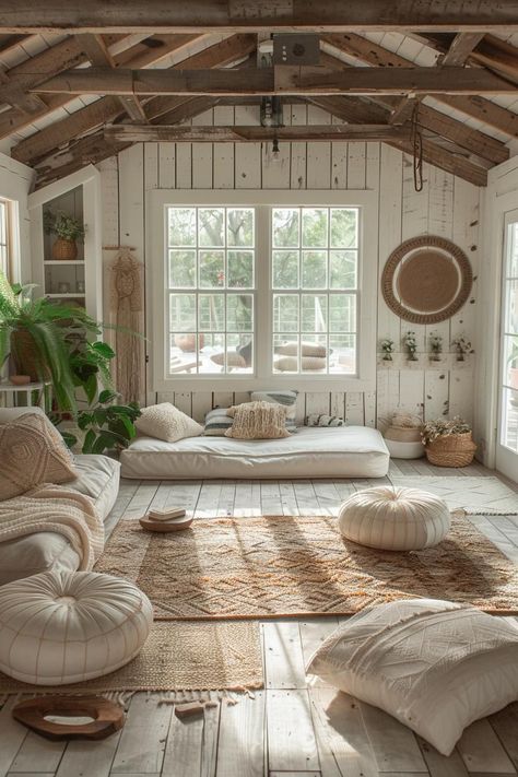 Cabin Shed Interior, She Shed Gardening, Cozy Shed Interior, Boho She Shed Interior Ideas, Boho She Shed Interior, Livable Sheds Interior, She Shed Library, She Shed Ideas Interior Small Spaces, Summer House Interior Ideas