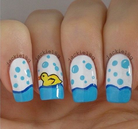 I love the nail with the Duckie on it!! Duck Ideas, White Summer Nails, Animal Nail Art, Duck Nails, Cute Nail Art Designs, Finger Nails, Cute Nail, Animal Nails, Nails For Kids