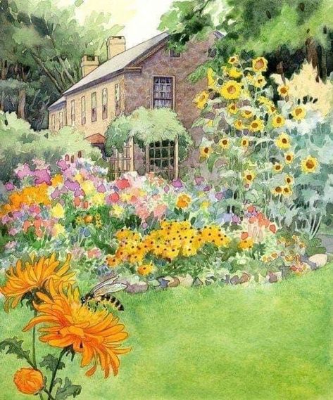 Cottage Illustration, Colour Art, Garden Drawing, Garden Watercolor, Colour Painting, Cottage Art, Artist Illustration, 수채화 그림, Garden Painting