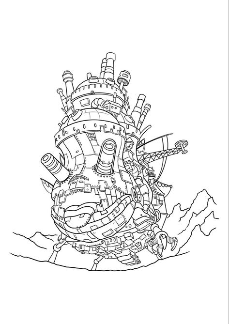 Howls Moving Castle Coloring Pages, Howl's Moving Castle Drawing, Howls Moving Castle Drawing, Ghibli Coloring Pages, Studio Ghibli Coloring Pages, Sketch Castle, Ghibli Coloring, Howl's Moving Castle Tattoo, Coloring Pages Simple