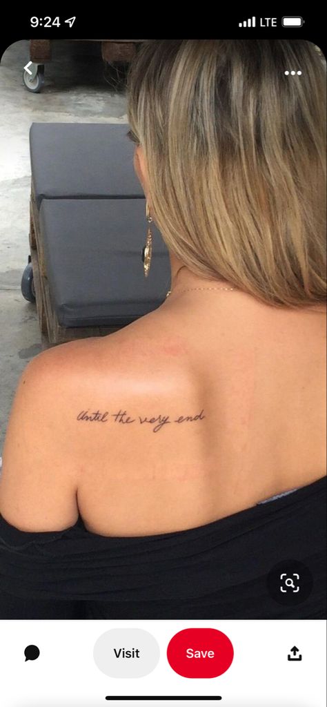 Womens Back Of Neck Tattoos Small, Writing Tattoos On Shoulder, Back Shoulder Tattoo Writing, Upper Back Quote Tattoo, Back Of Neck Quote Tattoo, Tiny Neck Tattoos For Women Words, Upper Back Script Tattoo, Text Tattoo On Shoulder, Wording Tattoos Placement