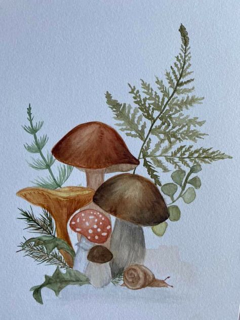 Mushroom Paintings Acrylic, Mushroom And Fern Drawing, Watercolour Mushroom Paintings, Watercolor Mushroom Tutorial, Mushroom Watercolor Paintings, Watercolor Mushroom Painting, Watercolour Mushroom, Painting Mushrooms, Fern Painting