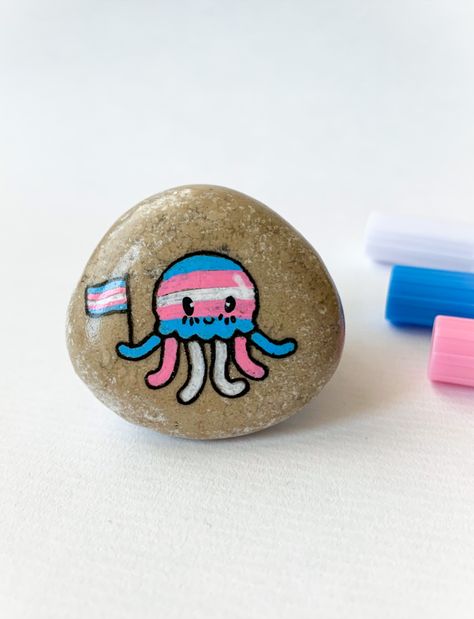 Trans octopus rock in transgender pride flag colors, Funny queer LGBT pocket hug gift, Pride month, Cute blue rose jellyfish Protect Trans Kids, Lesbian Gifts, Transgender Mtf, Trans Community, Pride Rock, Pride Flag Colors, Flag Painting, Trans Pride, Rock Painting Patterns