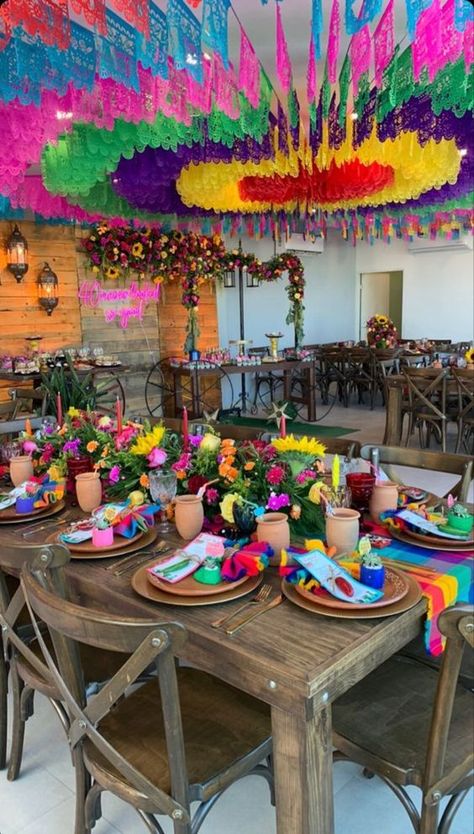 Mexican Hacienda Theme Party, Mexican Decorations Party Fiestas, Latino Birthday Party Ideas, Mexican Chic Decor, Mexican Christmas Party Decorations, Mexican Xv Decorations, Frida Kahlo Quinceanera Theme, Colorful Quinceanera Theme, Mexican Style Birthday Party